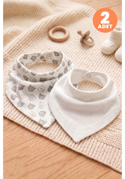 Just Inner Erkek Bebek 2'li %100 Pamuk Üçgen Fular Önlük Ayıcık Desenli Çıtçıtlı Çift Katlı 582401 Bej