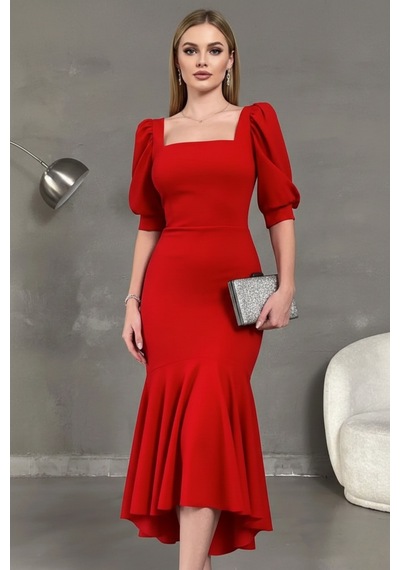Defymoda Kadın Balık Model Cazibeli Elbise Kırmızı