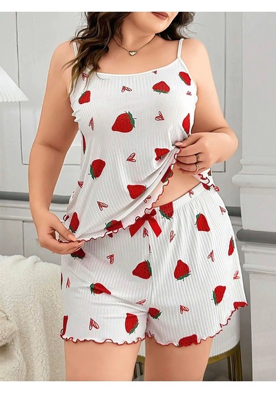 Senoramoda Büyük Beden Çilek Desen Pamuklu Şortlu Pijama Takımı Beyaz