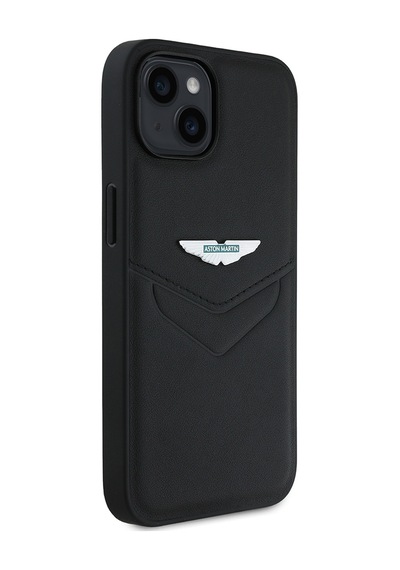 Apple Uyumlu iPhone 14 Kılıf Aston Martin Lisanslı Victory Dizayn Pu Deri Metal Logolu Kapak Siyah