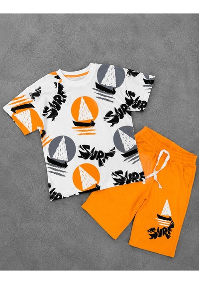 Durukoza Erkek Çocuk Surf Baskılı Şortlu Takım Turuncu Beyaz Yazlık Takım 4-8 Yaş
