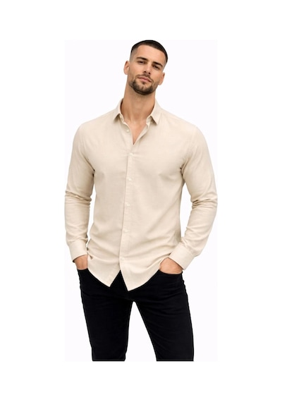 Wear Vexel Erkek Keten Kumaş Uzun Kollu Regular Fit Gömlek - Bej Çok Renkli