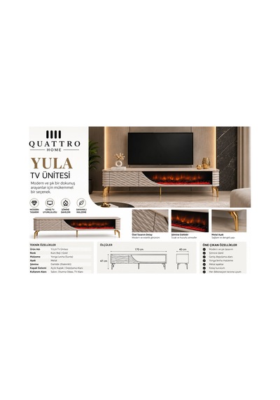 Yula Elektrikli Şömineli Tv Ünitesi 170 Cm Kum Beji Gold Metal Ayaklı Modern Tv Sehpası Krem Yula Elektrikli Şömineli Tv Ünitesi 170 Cm Kum Beji Gold Metal Ayaklı Modern Tv Sehpası Krem