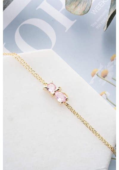 925 Ayar Gümüş Gold Kaplama Pembe Zirkon Taşlı Kedi Bileklik Gold