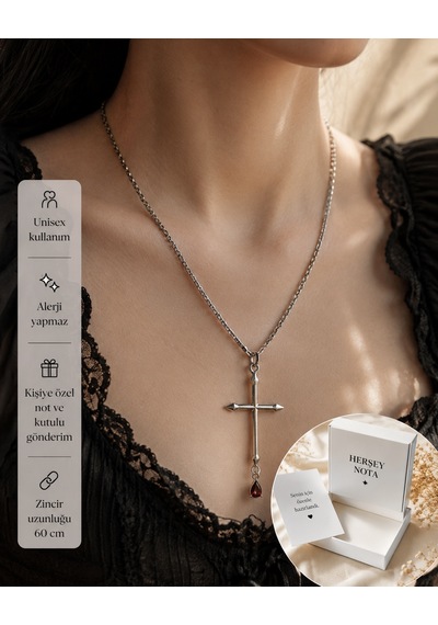 Gotik Kan Damlası Haç Kolye Unisex Alternatif Tarz Kırmızı Taş Detaylı Kolye Çok renkli