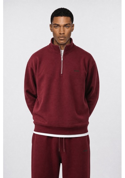 Erkek Respire Basic Half Zip Oversize Sweatshirt Bordo