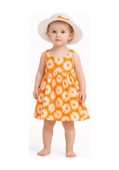 Chicsy Baby Tatlı Kız Bebek Papatya Desenli Tarz Elbise Şapkalı Yazlık Kombin Sarı
