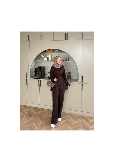 Unika Boutique Melora Scuba Taşlı Tesettür Alt Üst Takım Kahverengi