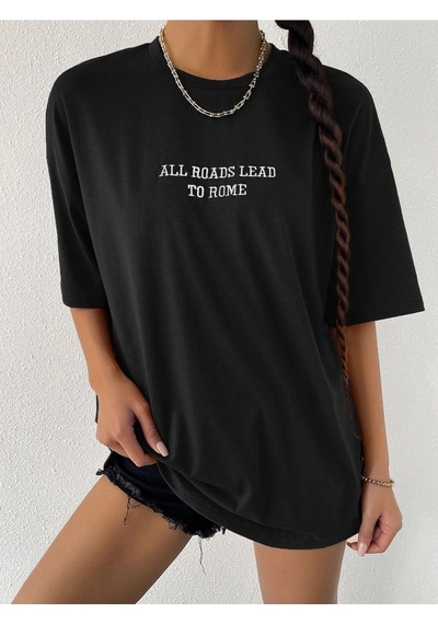To Rome T-shirt - Siyah Baskılı Oversize Bisiklet Yaka Kısa Kol Tişört Siyah