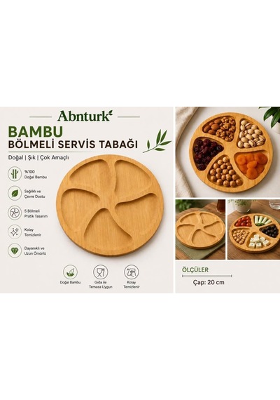 5 Bölmeli 20cm Çap Bambu Ahşap Servis Sunum Tahtası-çerez Kahvaltılık Peynir Sunum Tabağı Diğer