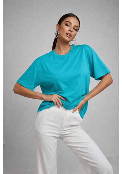 Kadın Turkuaz %100 Pamuk Oversize Basic Tişört Rahat Kalıp Relaxed Bisiklet Yaka T-shirt Turkuaz
