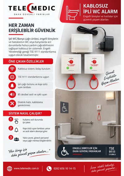 Kablosuz İpli Wc Buton Ve Uyarı Lambalı Engelli Yardım Çağrı Alarm Seti 2 Buton 1 Lamba
