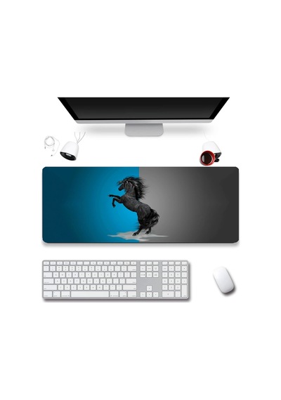 Sonictouch Şahlanan Ahal Teke Mavi Gri Gamer Oyuncu Dikişsiz Sıvı Geçirmez Klavye Mouse Pad 32x70cm Mousepad