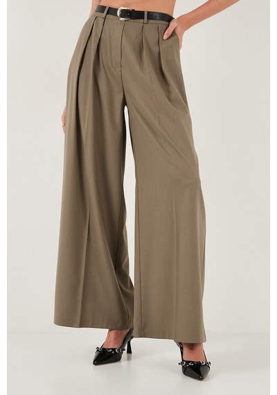 Lela Pileli Wide Leg Yüksek Bel Geniş Paça Kemerli Palazzo Bayan Pantolon 68351070 Karamel