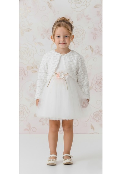 Mnk Baby & Kids Triko Bolerolu Bel Çiçekli Kız Bebek Elbise M00773 ekru