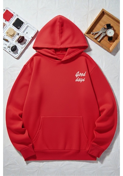Uyguntarz Unisex Good Days Baskılı Oversize Sweatshirt Kırmızı