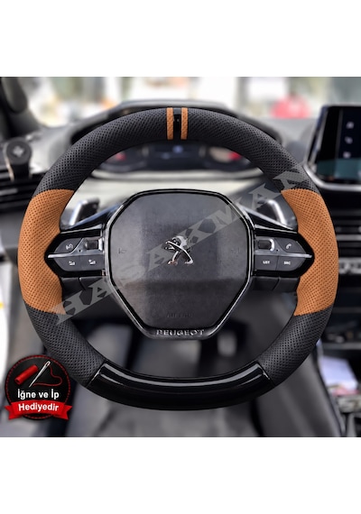 Peugeot 2008 Dikme Direksiyon Kılıfı Delikli Deri Parlak Siyah Taba Detay Çift Yüzük Ve Dikiş 2019-2024