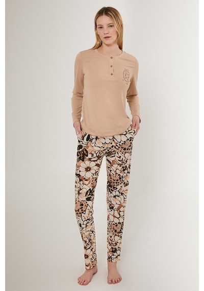 Arnetta 2642 Uzun Kol Kadın Pijama Takımı Bej V1 Bej