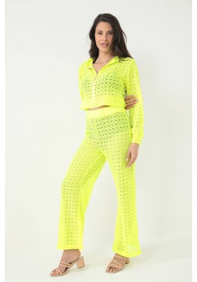 By Papi Kapuşonlu Dantel Bluz Neon Sarı