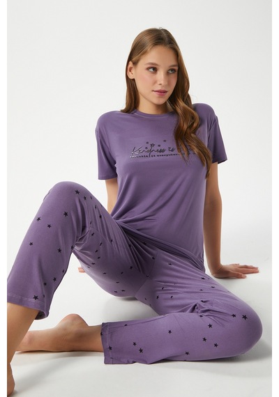 Ritnice Kadın Kindness Yumuşak Doku Mürdüm Yıldız Desen Bisiklet Yaka Kısa Kollu Alt Üst Pijama Takımı