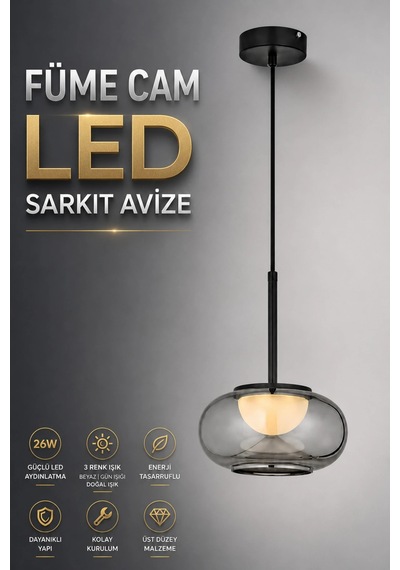 Modern Premium Tekli Füme Cam 3 Renkli Ledli Sarkıt Avizesi Salon Mutfak Şık Modelleri 26w Siyah