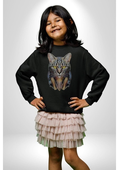 Kulaklık Kedi Unisex Siyah Baskılı Sweatshirt Siyah
