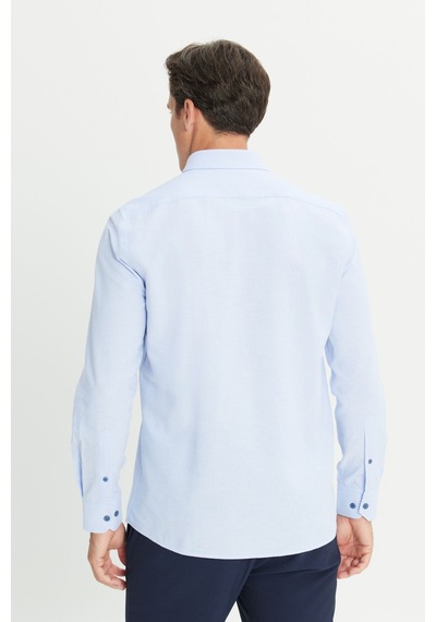 Erkek Acık Mavı Slim Fit Dar Kesim Düğmeli Yaka Pamuklu Gömlek Acık Mavı