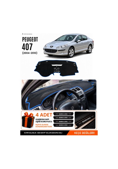 Peugeot 407 2004-2010 Uyumlu Torpido Koruma, Torpido Örtüsü, Torpido Kılıfı - Siyah Mavi