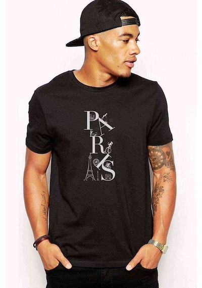 Paris Eiffel Tower Baskılı Siyah Erkek Tshirt