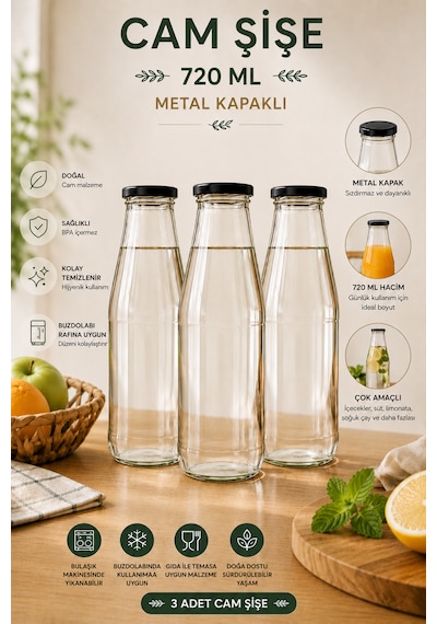 3 Adet 720 Ml Siyah Metal Kapaklı Cam Şişe Şeffaf Sürahi Süt, Ayran, Su, Limonata Meşrubat Şişesi