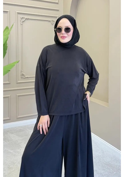 Balenbi Kadın Modal Kumaş Oversize Bol Paça Pantolon Rahat Kalıp İkili Tesettür Takım 1222 - Premium Seri Siyah Balenbi Kadın Modal Kumaş Oversize Bol Paça Pantolon Rahat Kalıp İkili Tesettür Takım 1222 - Premium Seri Siyah