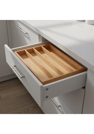 Bambu Çekmece İçi Düzenleyici 37.5x25x4 Cm 4 Bölmeli, Hareketli Ayırıcılar Kaşıklık, Dikiş, Ofis Ve Mutfak Organizeri Açık Gri