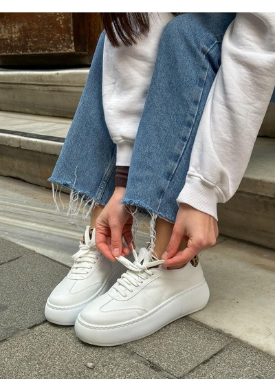 Erva'nın Butiği Beyaz Cilt Leoy Leopar Bağcıklı Kadın Sneakers-5724