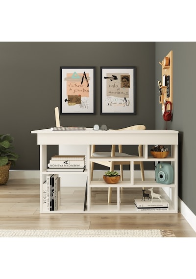 Robinhome Robin Home Boston Kitaplık Raflı Çalışma Masası Ofis Masası Beyaz