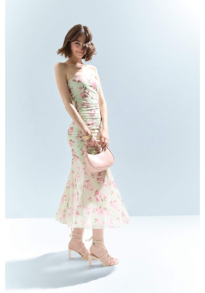 Defacto Coool Bodycon Vücudu Saran Straplez Çiçek Desenli Tül Maxi Elbise F5577ax25smgn766 Yeşil