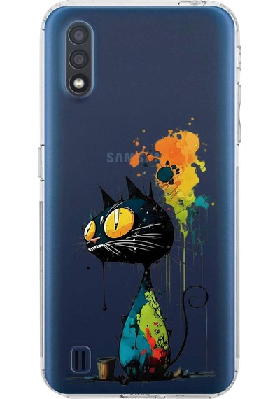 Samsung Galaxy A01 İle Uyumlu Splash Kedi Tasarımlı Şeffaf Silikon Kılıf Şeffaf