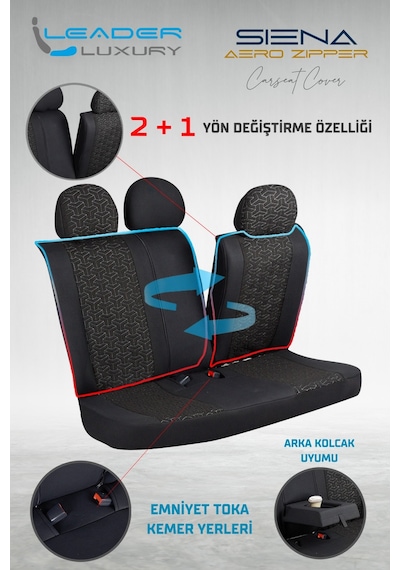 Toyota Auris I 2006-2012 Deri Detaylı Oto Koltuk Kılıfı Ön Arka Set Siyah Füme Siena Seri Şhn