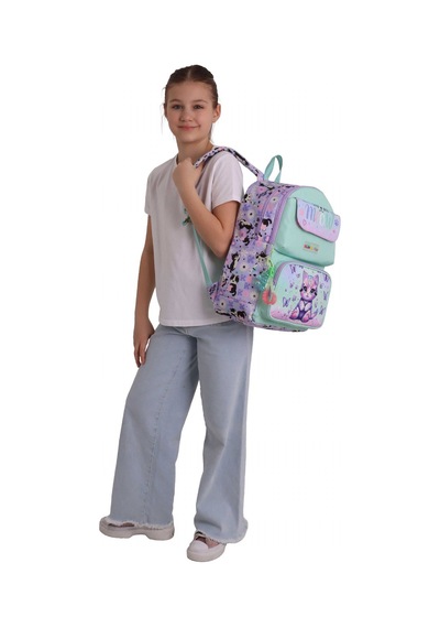 Kaukko Kids Kız Çocuk Mor Kedi Desenli Okul Çantası - Yeşil - Mor - Meow - L5288 Çok Renkli