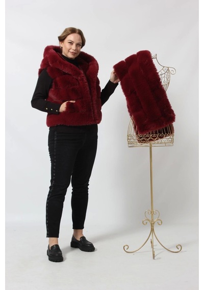 Moda Berray Etekten Kısalabilen Kapüşonlu Lüks Suni Kürk Yelek Bordo