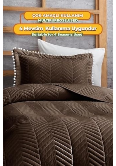 Kapitone Ponponlu Tek Kişilik Yatak Örtüsü Koyu Kahve Açik Gri