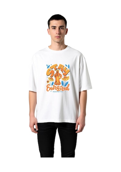 Paybuy Erkek Oversize Yoga Tişört Headstand Pose Baskılı Rahat Kesim Gün Beyaz