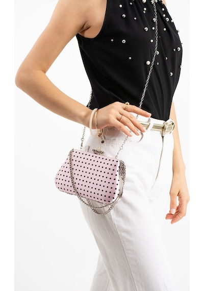 Lebibe Shoes Polkıa Pembe Saten Kumaş Puantiye Desenli Zincir Askılı Klips Kapamalı Clutch Çanta