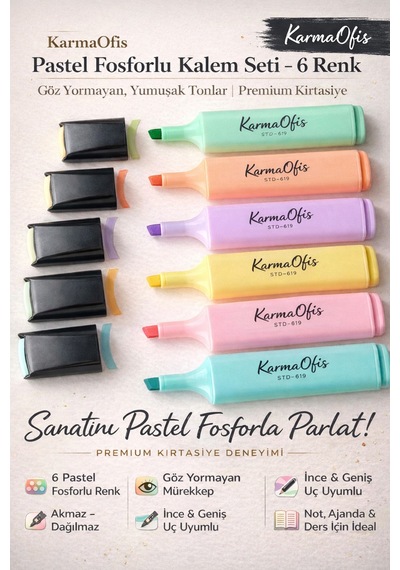 Pastel Fosforlu Kalem Seti 6 Renk Göz Yormayan Mürekkep Akmaz Dağılmaz Beyaz