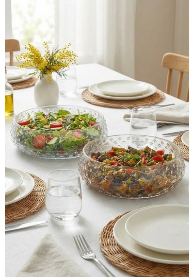 Selen Concept Bubble Model Büyük Boy El Yapımı Cam Salata Ve Sunum Kasesi 2li Set