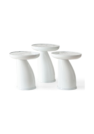 Elips 3'lü Sehpa, Yan Sehpa, Zigon Sehpa - Beyaz & Beyaz Mermer Desenli Tabla Beyaz
