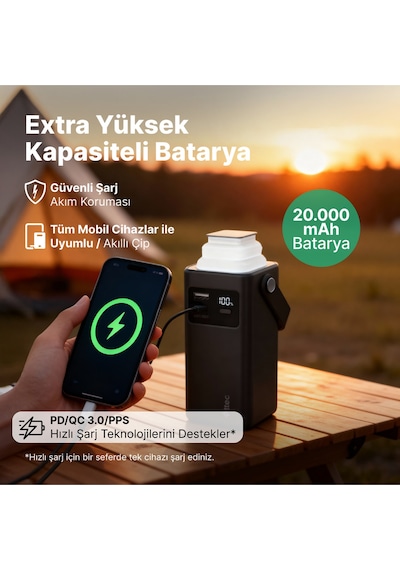 Ttec 2BB238S Recharger Extreme LCD 20.000 mAh PD 20W USB-C Ve Lightning Dahili Kablolu Led Fenerli Powerbank
