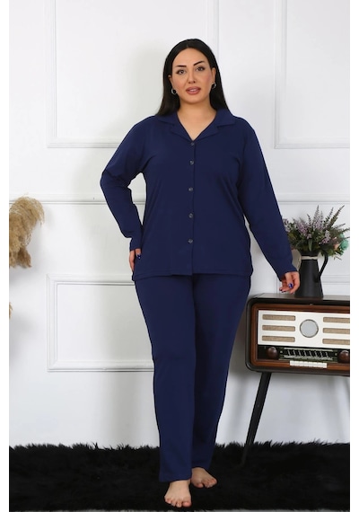 Lenaca Kadın Büyük Beden Pamuklu Cepli Düğmeli Lacivert Pijama Takım Lacivert