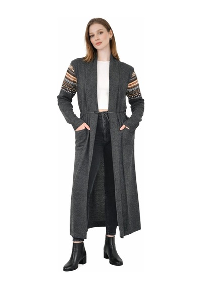 Onno Style Woman Standart Beden Kilim Desenli Uzun Triko Ceket Gri