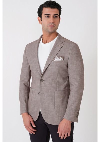Slim Fit Çift Yırtmaçlı Torba Cep Esenk Yünlü Kum Rengi Ceket C 752
