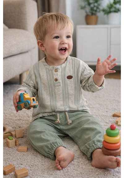 Babyhola Bayramlık Erkek Bebek İkili Takım Katlanabilir Kollu Müslin Üst Ve Pantolon Set 2218 Yeşil